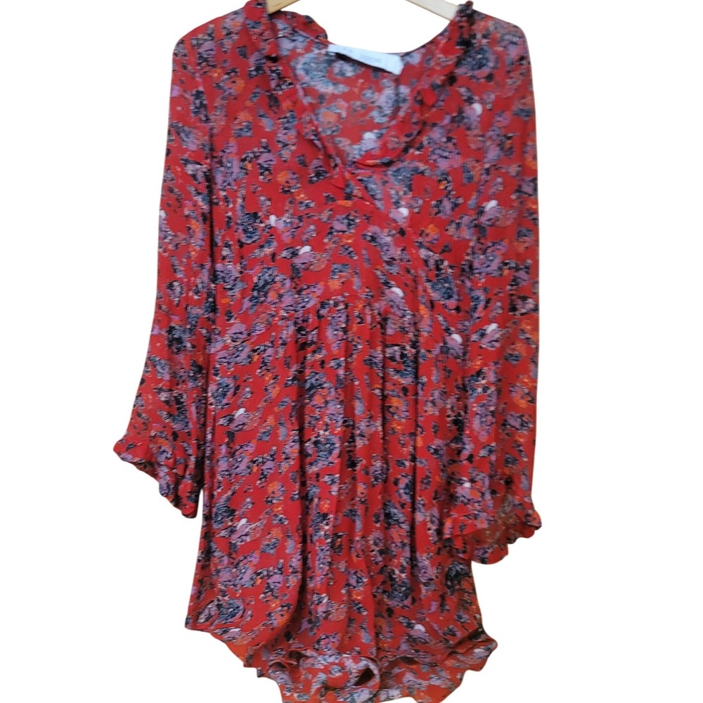 IRO Paris Freida Red Floral Mini Dress‎ NWT Boho Ruffle V-Neck Long Sleeve Sz 36